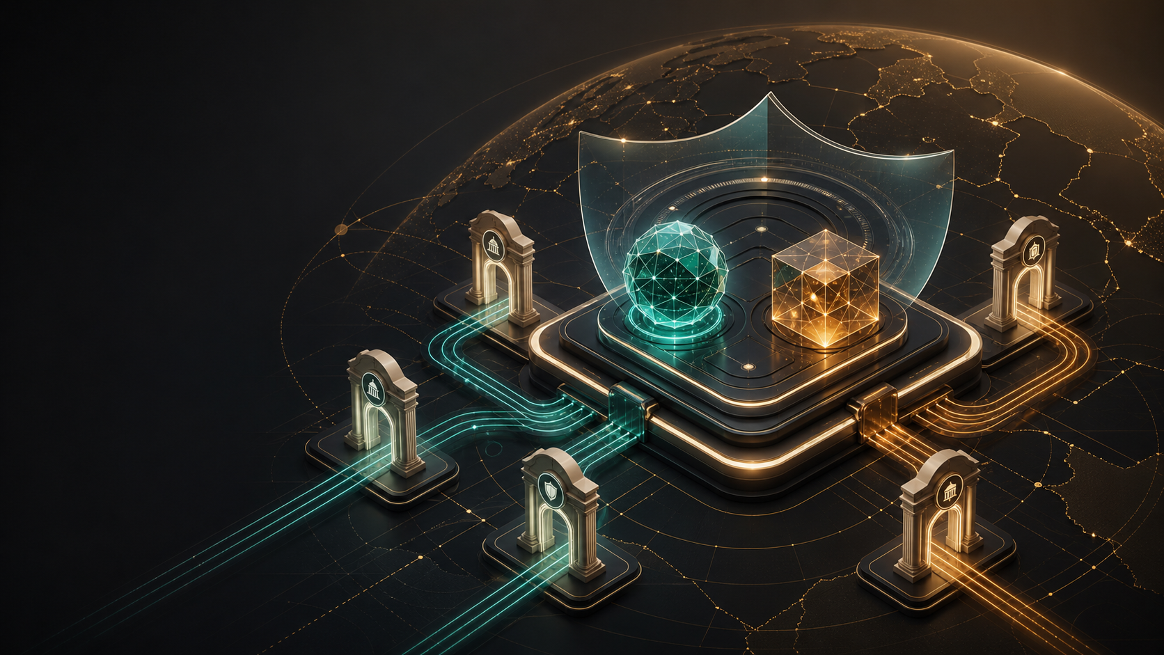 Editorial illustration of frontier AI access gates with two model cores, a cybersecurity shield, and global jurisdiction lines