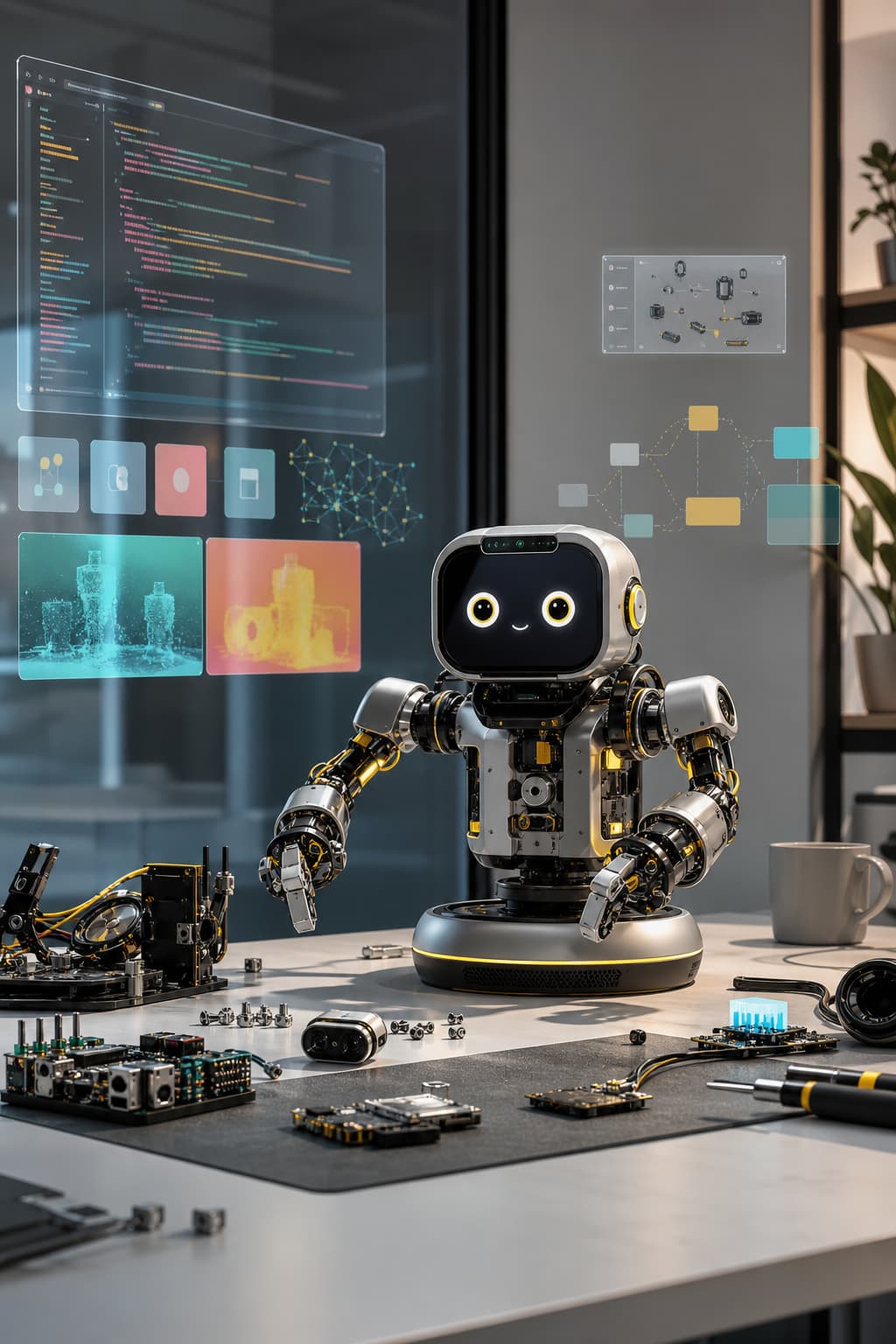 A small open-source desktop robot on a developer workbench surrounded by modular app tiles, sensor streams, and local AI tooling