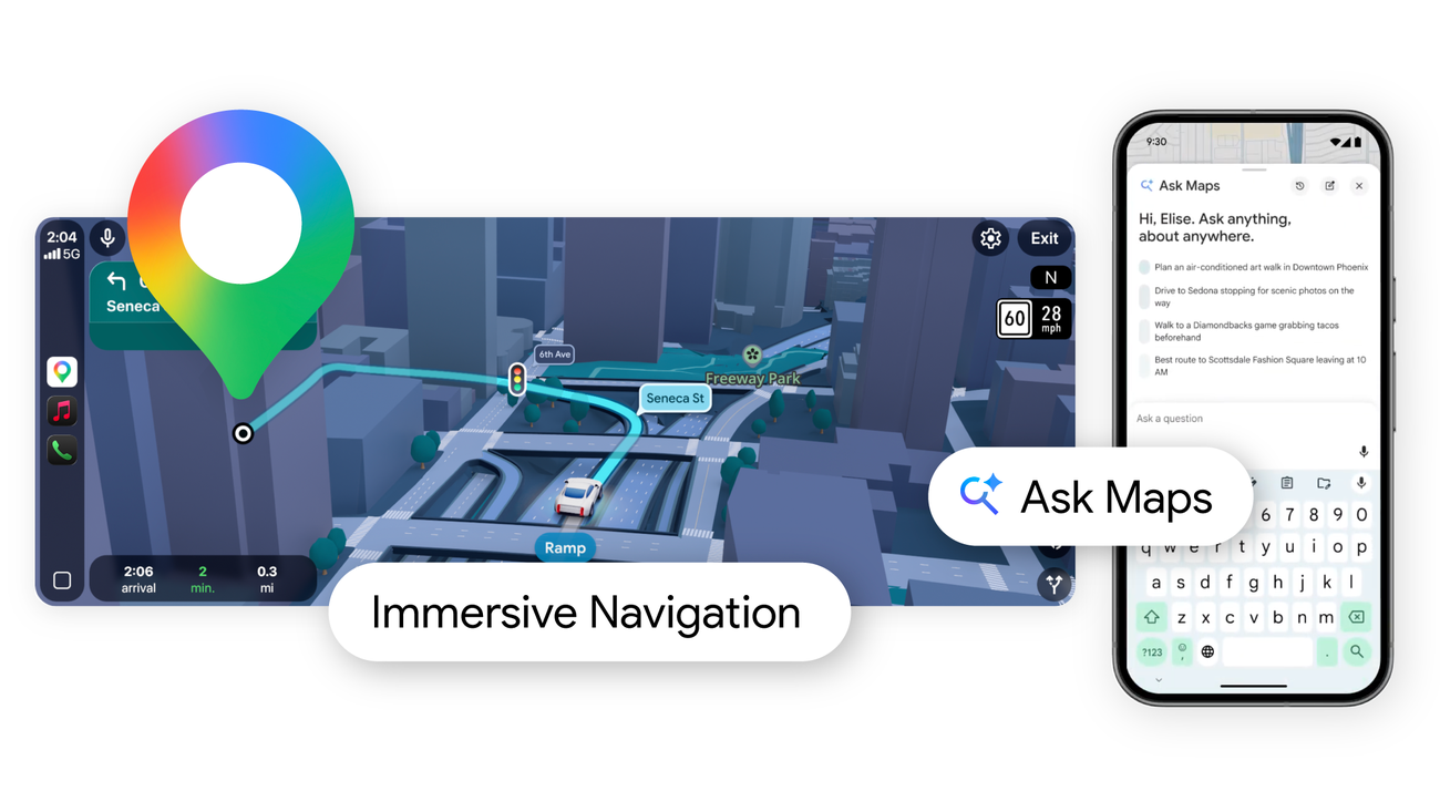Google Maps launch image showing Ask Maps and Immersive Navigation