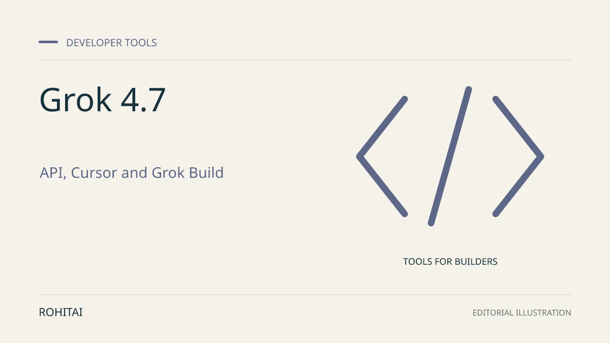 Editorial illustration for Grok 4.7: Choosing Between the API, Cursor and Grok Build: code brackets represent developer tools. Not documentary evidence.