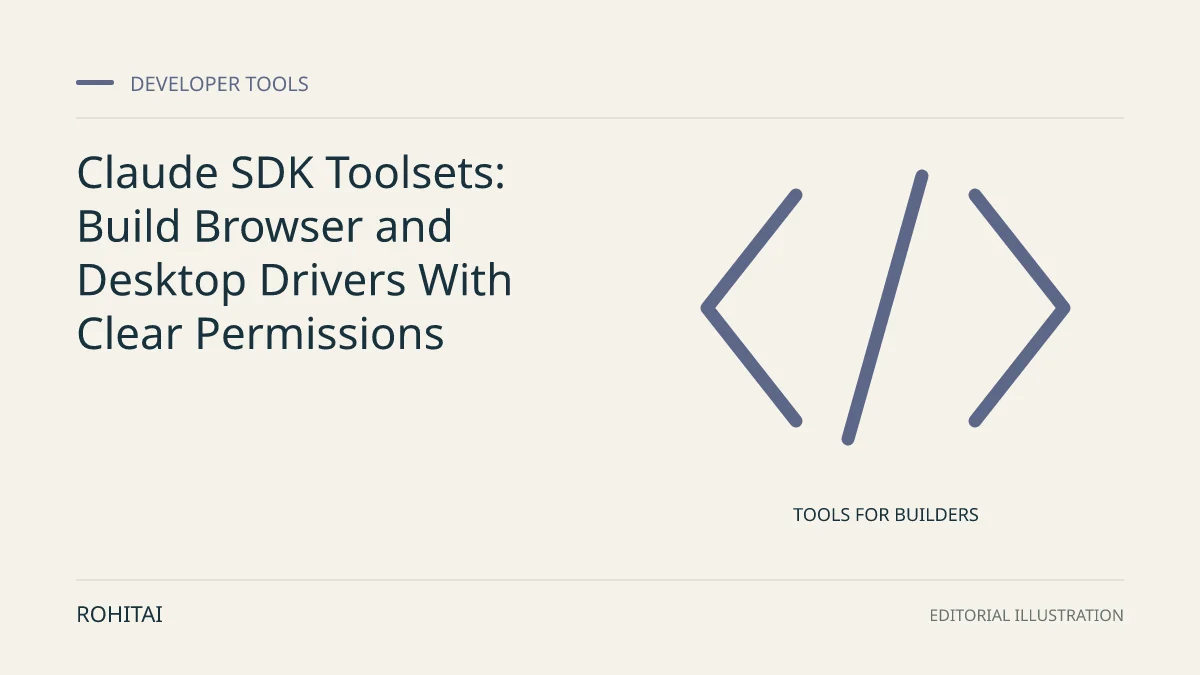 Editorial illustration for Claude SDK Toolsets: Build Browser and Desktop Drivers With Clear Permissions: code brackets represent developer tools. Not documentary evidence.