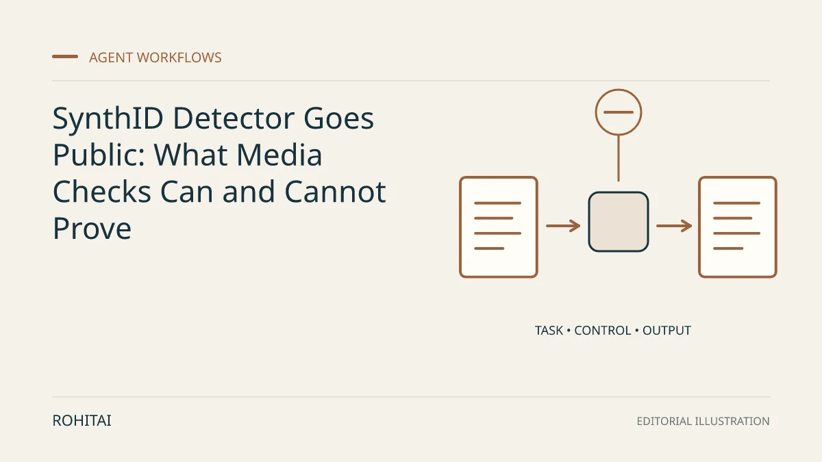 Editorial illustration for SynthID Detector Goes Public: What Media Checks Can and Cannot Prove: a controlled task flows from input to output. Not documentary evidence.