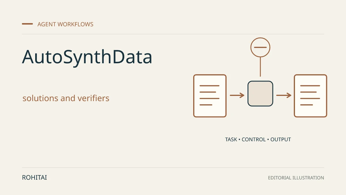 Editorial illustration for ServiceNow AutoSynthData: Turning Agent Failures Into Validated Training Tasks: a controlled task flows from input to output. Not documentary evidence.