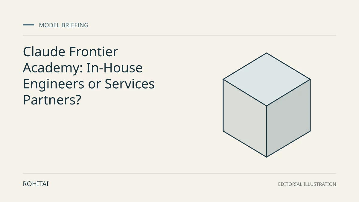 Editorial illustration for Claude Frontier Academy: In-House Engineers or Services Partners?: a geometric block represents a model release. Not documentary evidence.