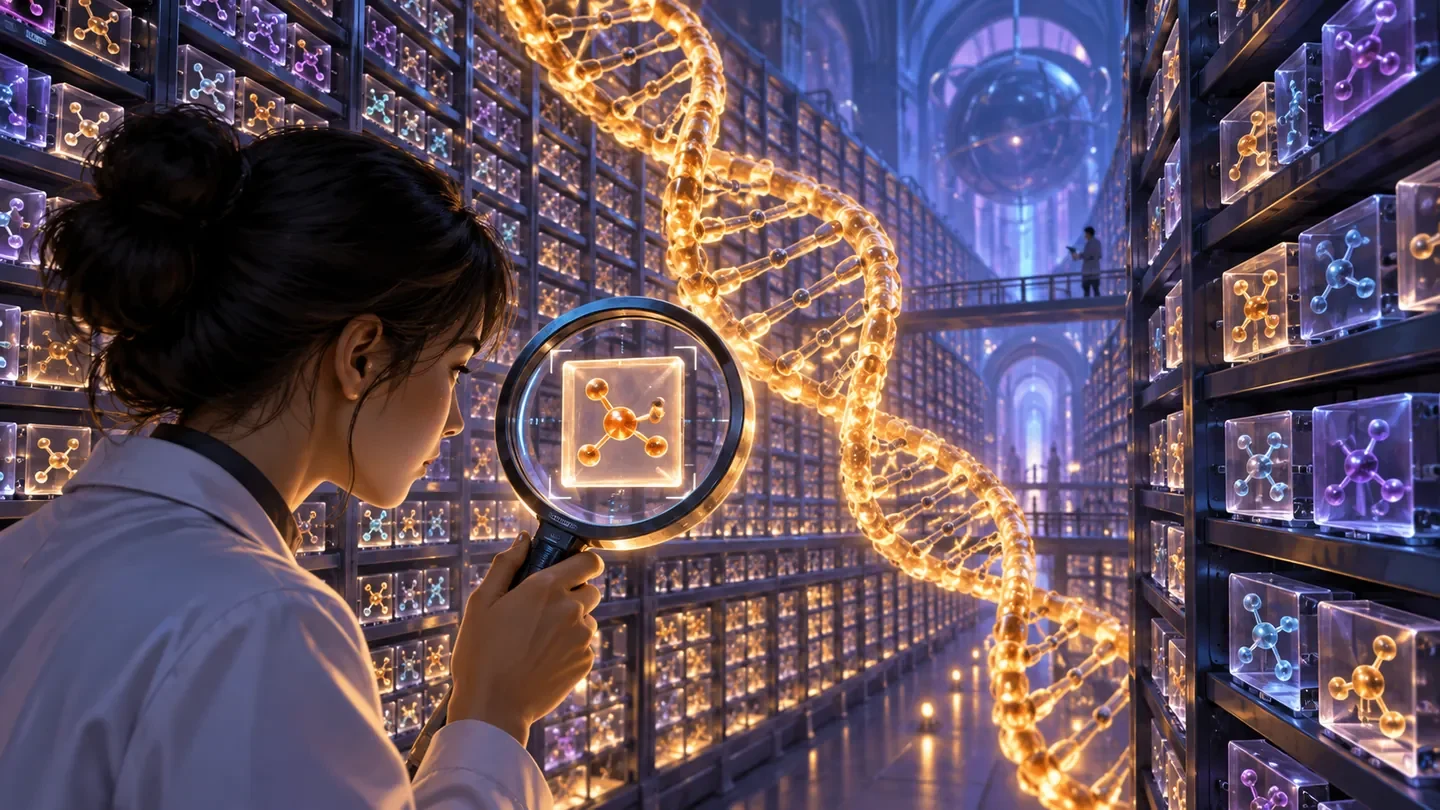 Conceptual illustration of a DNA helix connected to a library of genomic sequence tiles.