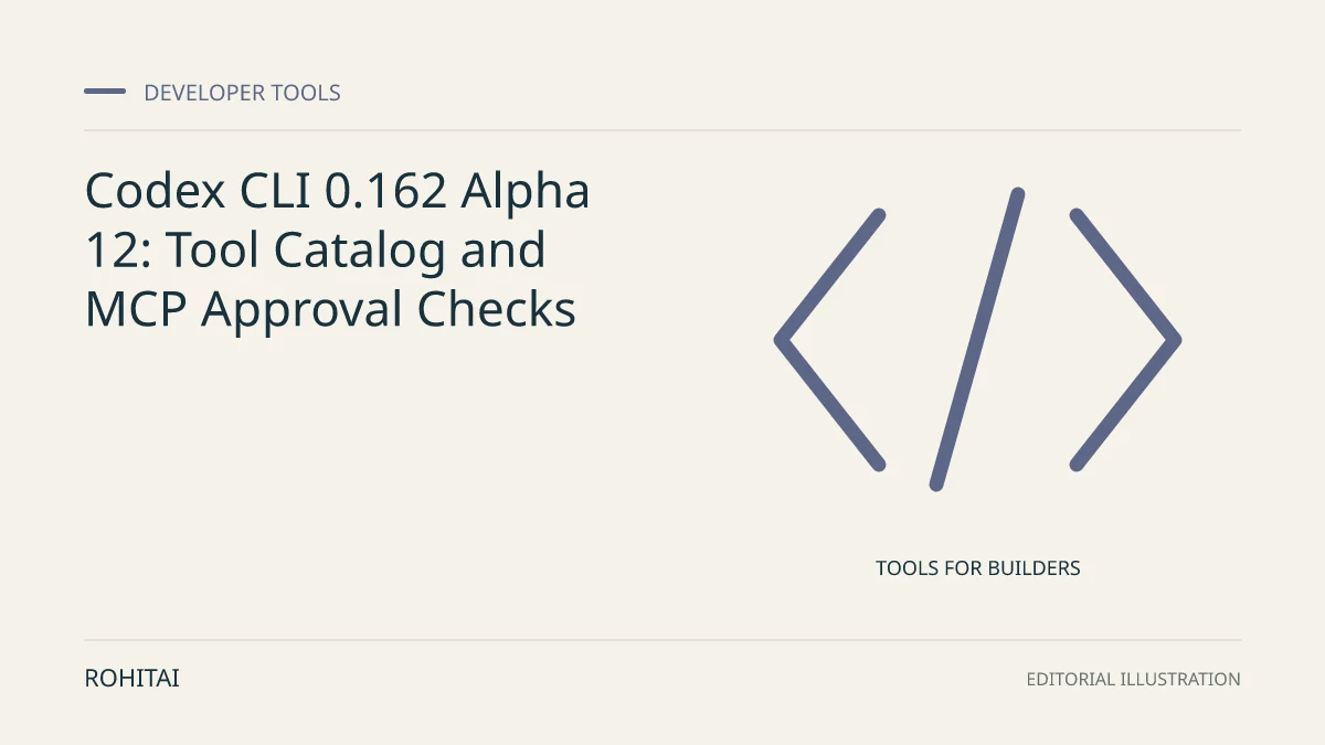 Editorial illustration for Codex CLI 0.162 Alpha 12: Tool Catalog and MCP Approval Checks: code brackets represent developer tools. Not documentary evidence.