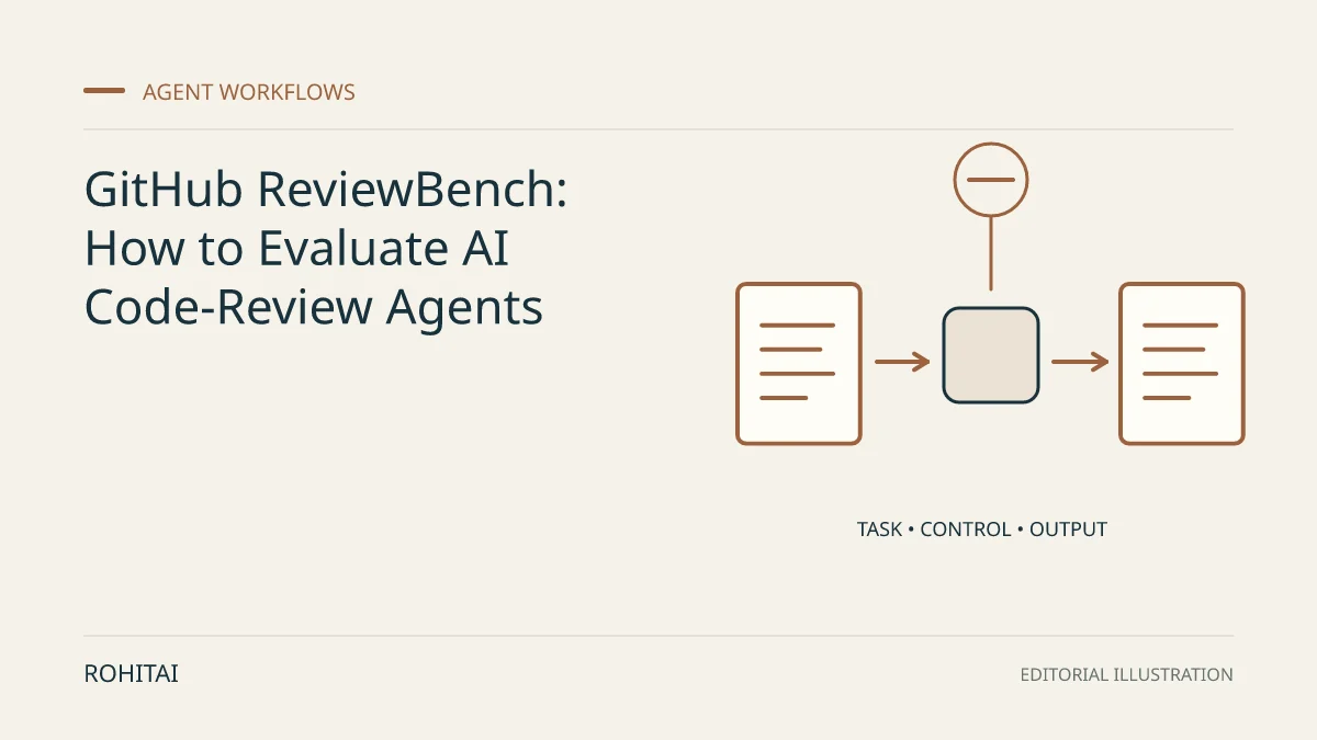 Editorial illustration for GitHub ReviewBench: How to Evaluate AI Code-Review Agents: a controlled task flows from input to output. Not documentary evidence.