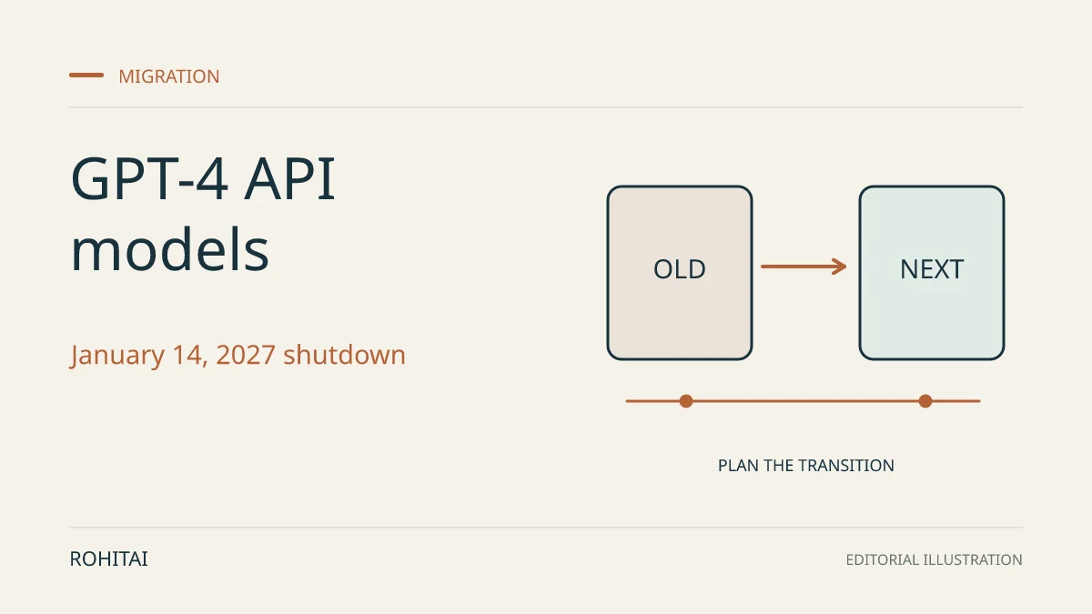 Editorial illustration for OpenAI sets January 14, 2027 shutdown for selected GPT-4 API models: an arrow connects an old service to its replacement. Not documentary evidence.