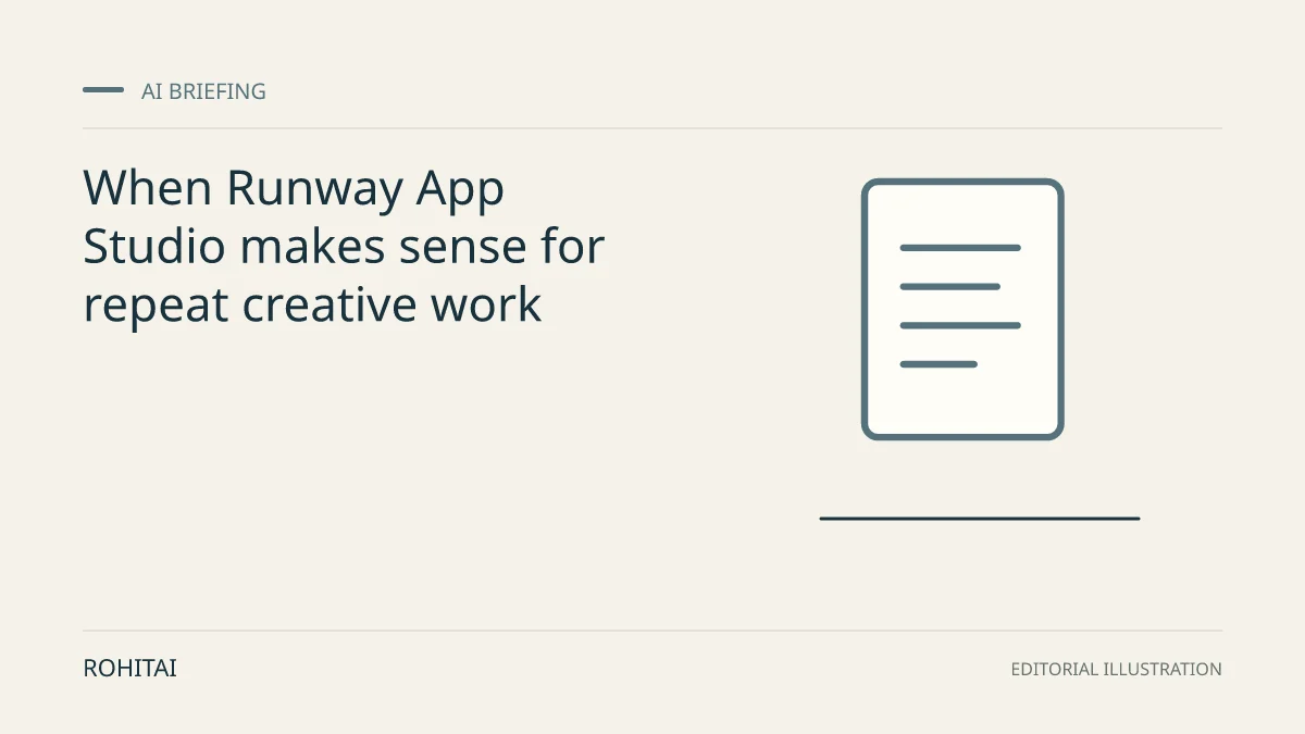 Editorial illustration for When Runway App Studio makes sense for repeat creative work: a document represents the research briefing. Not documentary evidence.