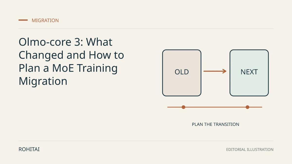 Editorial illustration for Olmo-core 3: What Changed and How to Plan a MoE Training Migration: an arrow connects an old service to its replacement. Not documentary evidence.