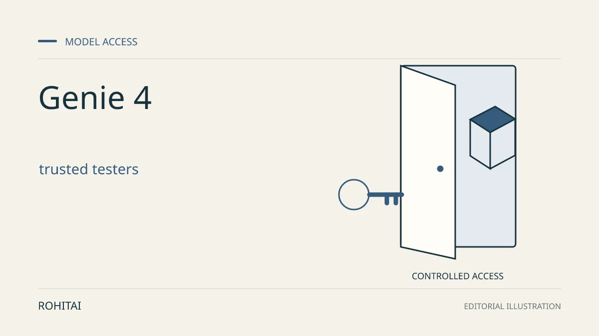 Editorial illustration for Google previews Genie 4 interactive worlds with sound and dialogue: a key and controlled doorway to a model. Not documentary evidence.
