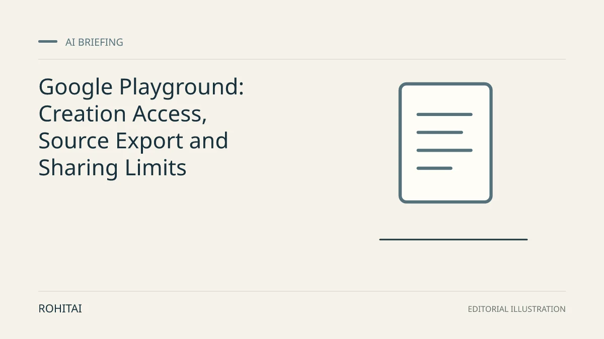 Editorial illustration for Google Playground: Creation Access, Source Export and Sharing Limits: a document represents the research briefing. Not documentary evidence.