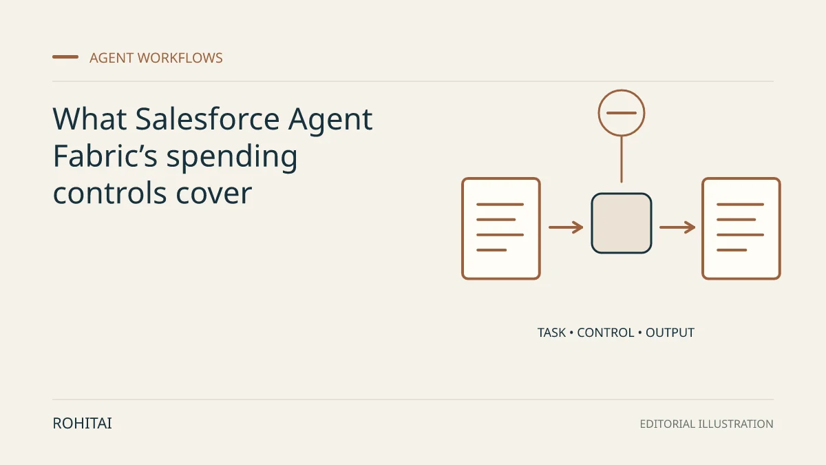 Editorial illustration for What Salesforce Agent Fabric’s spending controls cover: a controlled task flows from input to output. Not documentary evidence.