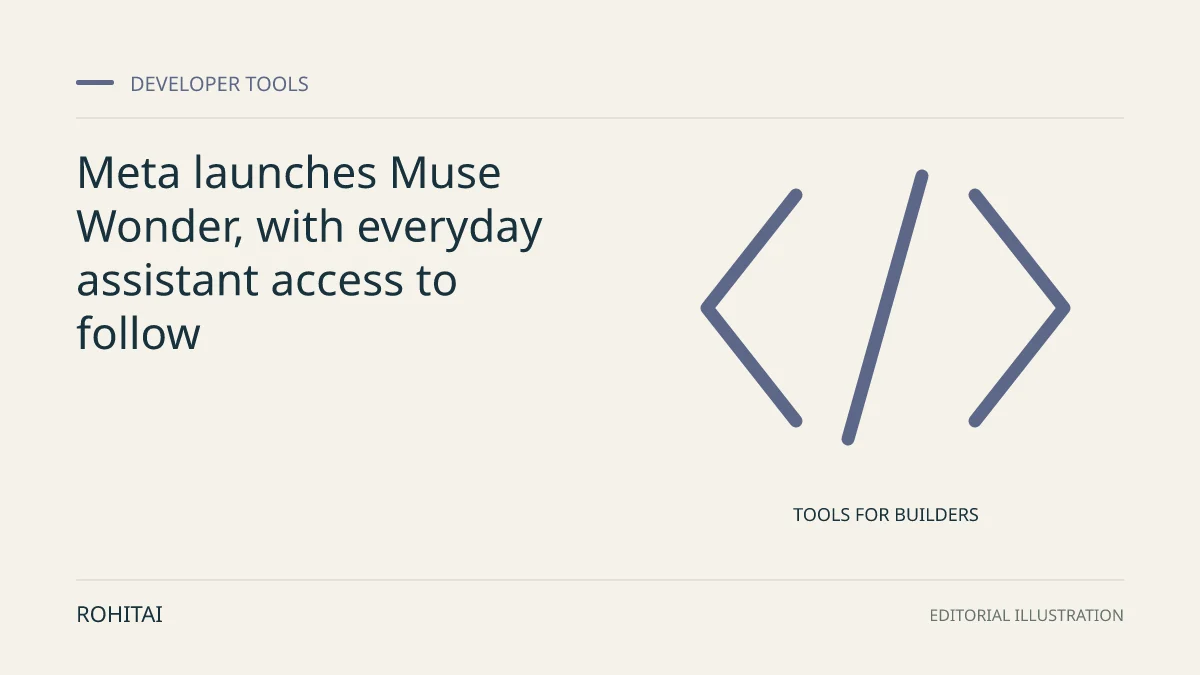 Editorial illustration for Meta launches Muse Wonder, with everyday assistant access to follow: code brackets represent developer tools. Not documentary evidence.