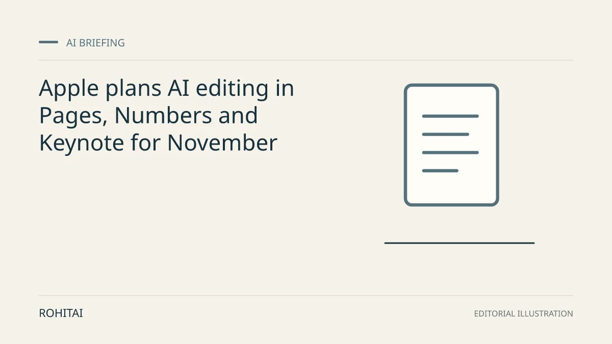 Editorial illustration for Apple plans AI editing in Pages, Numbers and Keynote for November: a document represents the research briefing. Not documentary evidence.
