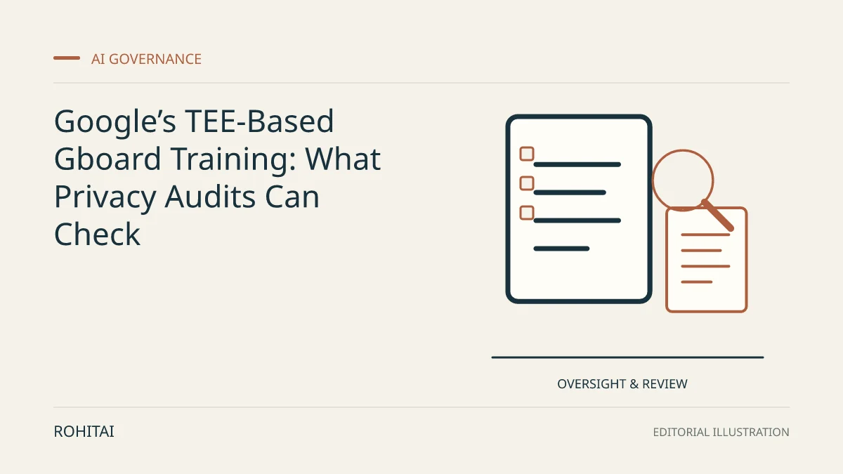 Editorial illustration for Google’s TEE-Based Gboard Training: What Privacy Audits Can Check: documents and a magnifying glass represent oversight and review. Not documentary evidence.