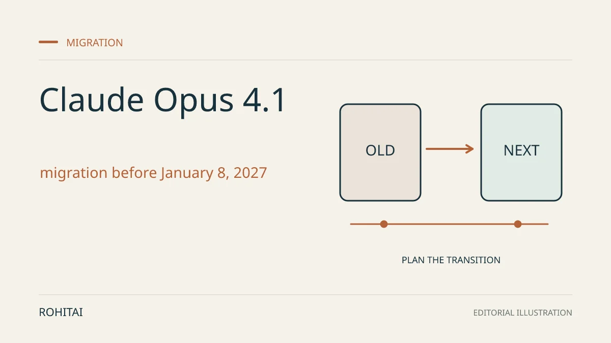 Editorial illustration for Claude Opus 4.1 on Bedrock: Extended Access and the January 8 EOL: an arrow connects an old service to its replacement. Not documentary evidence.