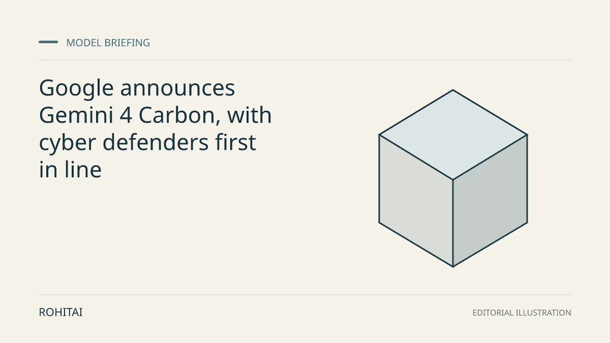 Editorial illustration for Google announces Gemini 4 Carbon, with cyber defenders first in line: a geometric block represents a model release. Not documentary evidence.