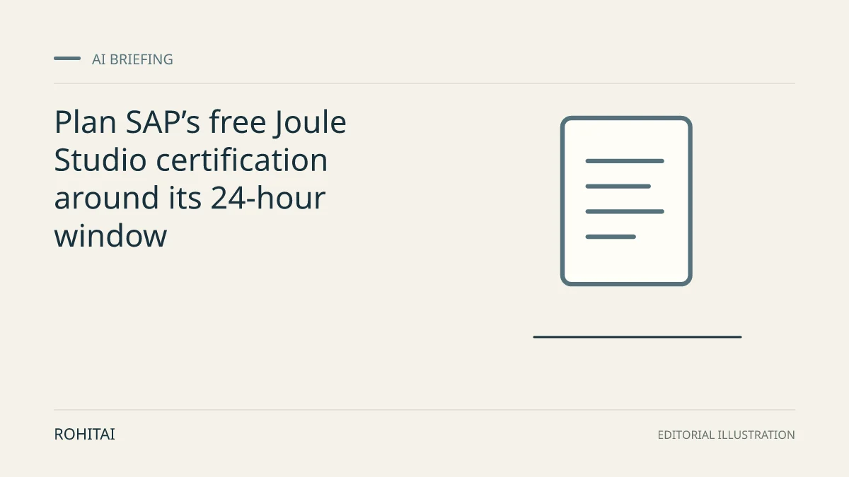 Editorial illustration for Plan SAP’s free Joule Studio certification around its 24-hour window: a document represents the research briefing. Not documentary evidence.