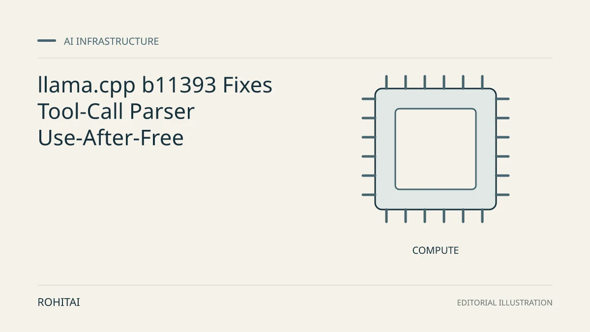 Editorial illustration for llama.cpp b11393 Fixes Tool-Call Parser Use-After-Free: a processor represents compute infrastructure. Not documentary evidence.