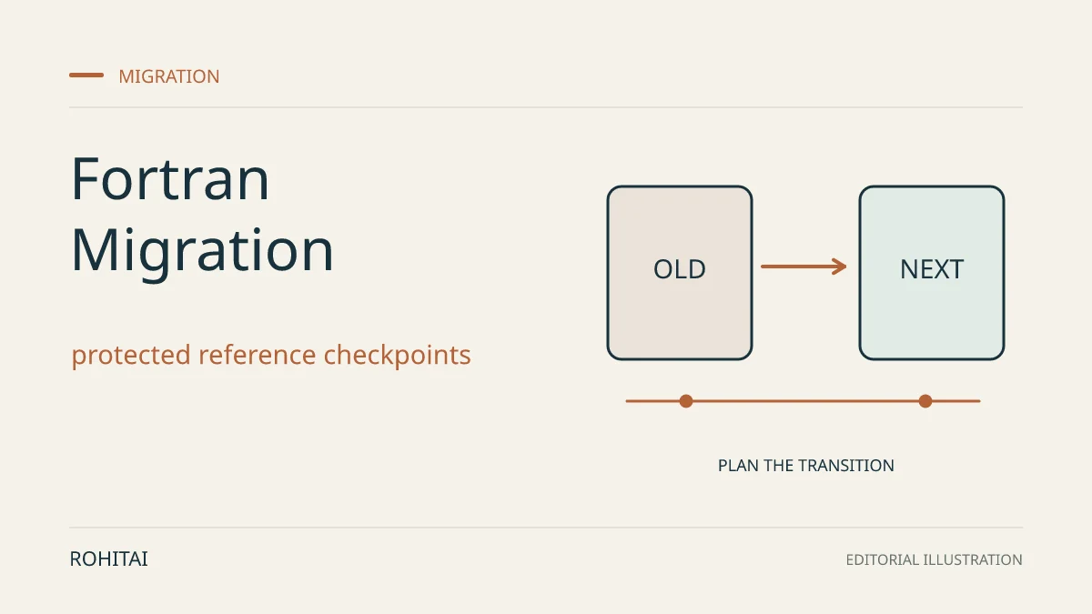 Editorial illustration for Mistral’s Fortran Migration: Build the Parity Harness Before the Agent Run: an arrow connects an old service to its replacement. Not documentary evidence.