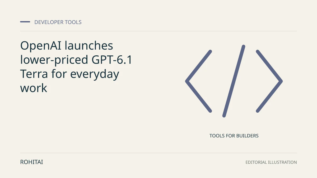 Editorial illustration for OpenAI launches lower-priced GPT-6.1 Terra for everyday work: code brackets represent developer tools. Not documentary evidence.