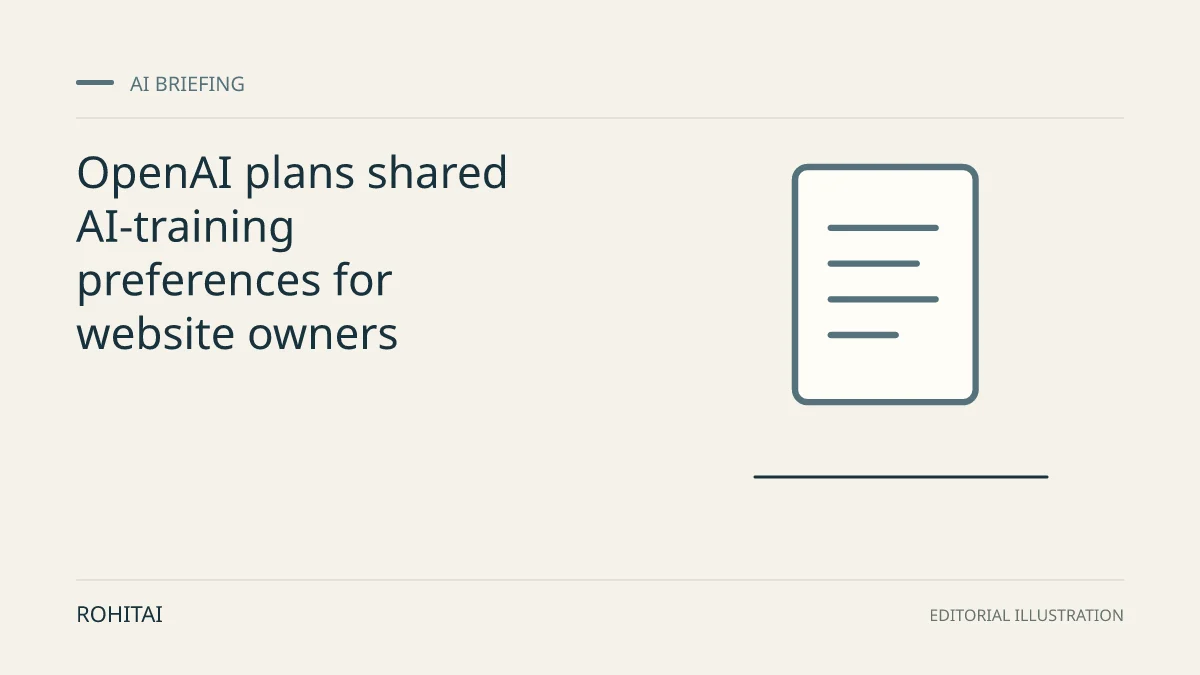 Editorial illustration for OpenAI plans shared AI-training preferences for website owners: a document represents the research briefing. Not documentary evidence.