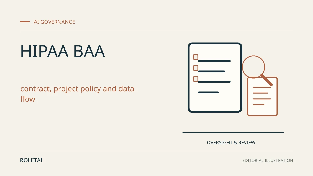 Editorial illustration for OpenAI API Self-Serve HIPAA BAA: Eligibility and PHI Setup: documents and a magnifying glass represent oversight and review. Not documentary evidence.