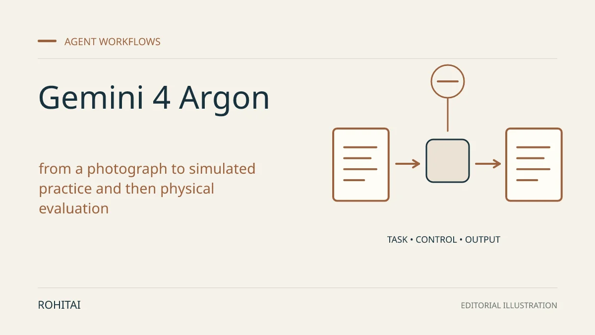 Editorial illustration for Google shows Gemini 4 Argon building robot training worlds from a photo: a controlled task flows from input to output. Not documentary evidence.