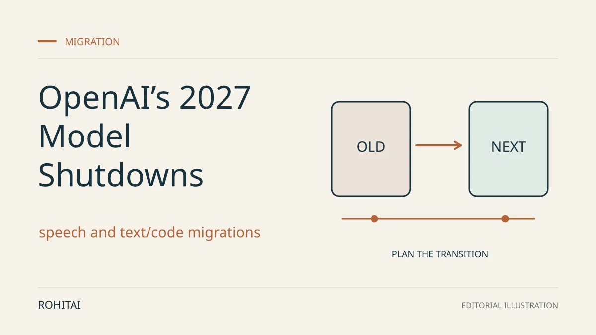 Editorial illustration for OpenAI’s 2027 Model Shutdowns: Codex, GPT and TTS Migration Checklist: an arrow connects an old service to its replacement. Not documentary evidence.