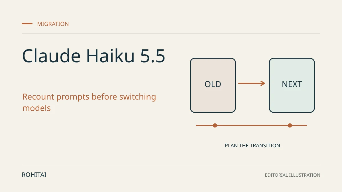 Editorial illustration for Claude Haiku 5.5: Pricing, Token Thresholds and Migration Changes: an arrow connects an old service to its replacement. Not documentary evidence.