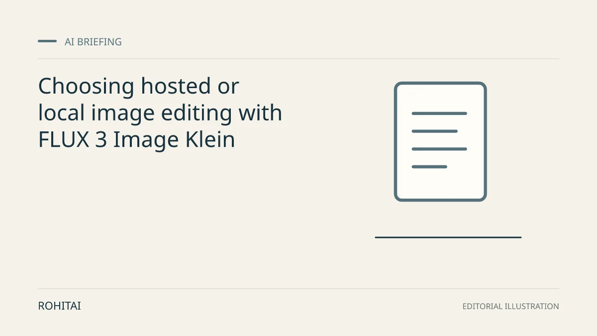 Editorial illustration for Choosing hosted or local image editing with FLUX 3 Image Klein: a document represents the research briefing. Not documentary evidence.