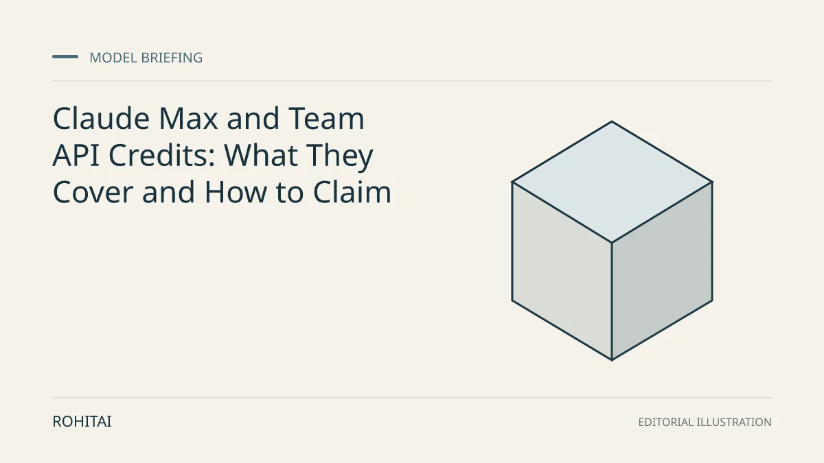 Editorial illustration for Claude Max and Team API Credits: What They Cover and How to Claim: a geometric block represents a model release. Not documentary evidence.