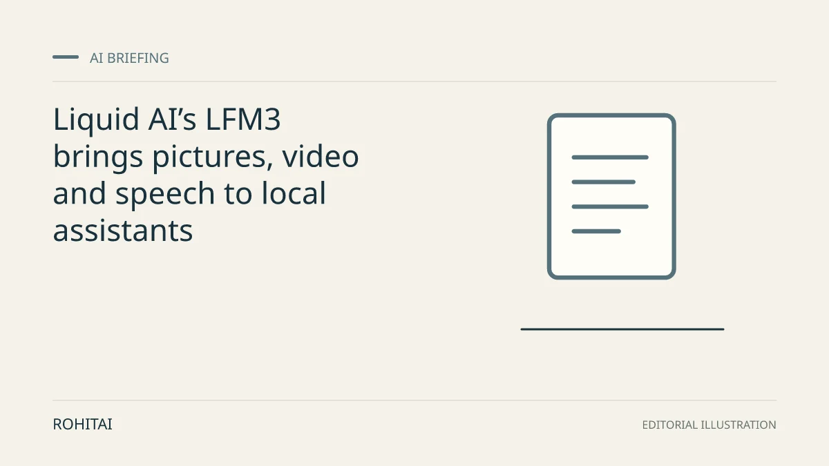 Editorial illustration for Liquid AI’s LFM3 brings pictures, video and speech to local assistants: a document represents the research briefing. Not documentary evidence.