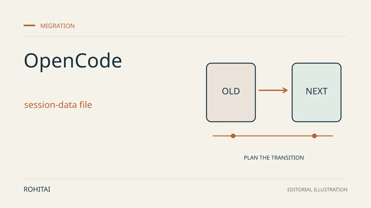 Editorial illustration for OpenCode ends session-sharing links, changing how teams hand off AI work: an arrow connects an old service to its replacement. Not documentary evidence.