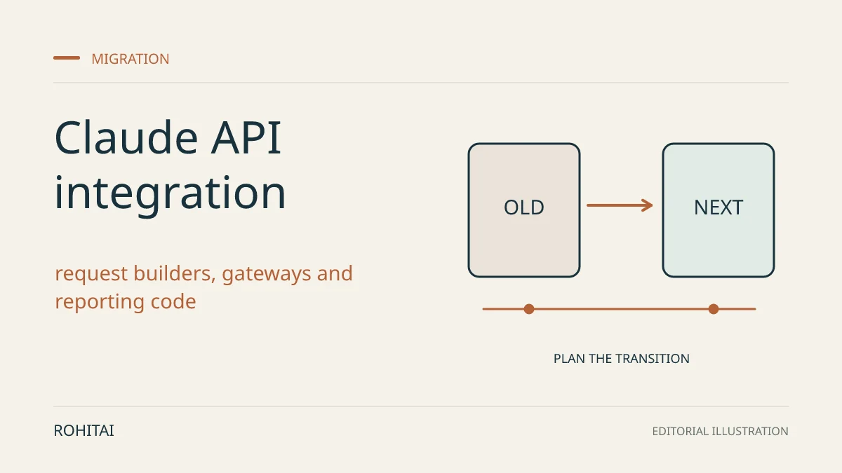 Editorial illustration for What to check before upgrading your Claude API integration: an arrow connects an old service to its replacement. Not documentary evidence.