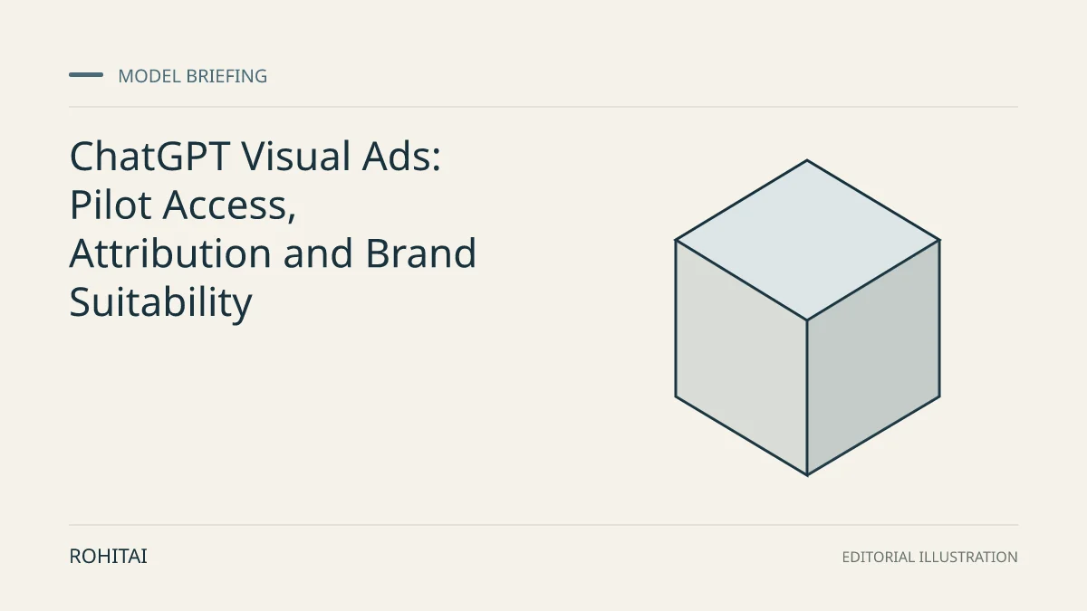 Editorial illustration for ChatGPT Visual Ads: Pilot Access, Attribution and Brand Suitability: a geometric block represents a model release. Not documentary evidence.