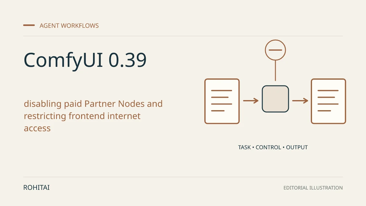 Editorial illustration for ComfyUI 0.39: New Media Nodes, Credit Budgets and Offline Controls: a controlled task flows from input to output. Not documentary evidence.