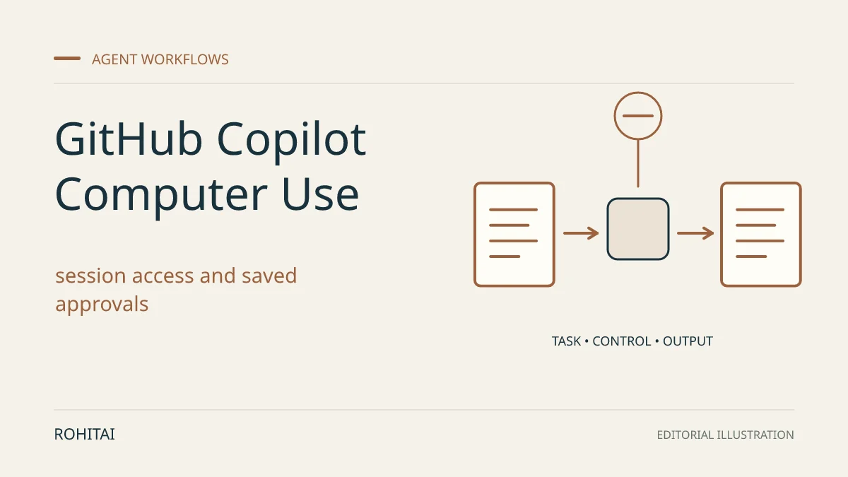 Editorial illustration for GitHub Copilot Computer Use: Desktop Permissions and When to Enable It: a controlled task flows from input to output. Not documentary evidence.