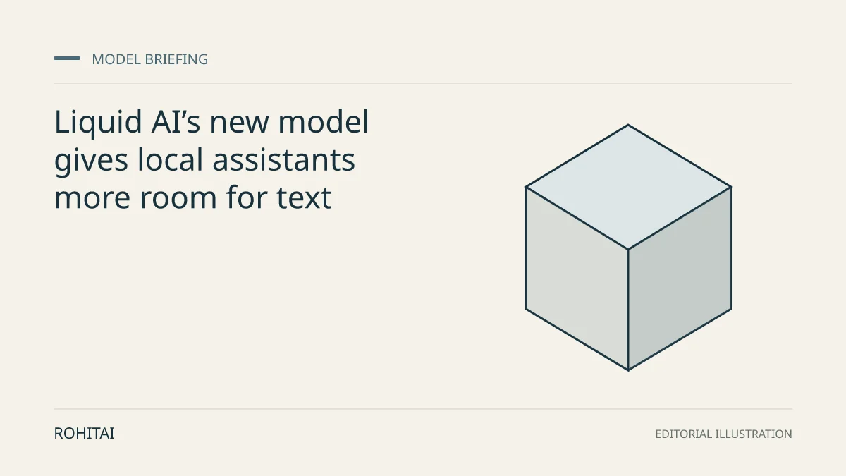 Editorial illustration for Liquid AI’s new model gives local assistants more room for text: a geometric block represents a model release. Not documentary evidence.