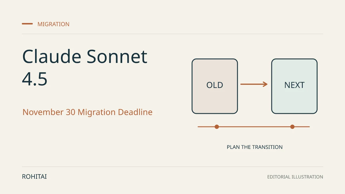 Editorial illustration for Claude Sonnet 4.5 API Retirement Sets a November 30 Migration Deadline: an arrow connects an old service to its replacement. Not documentary evidence.