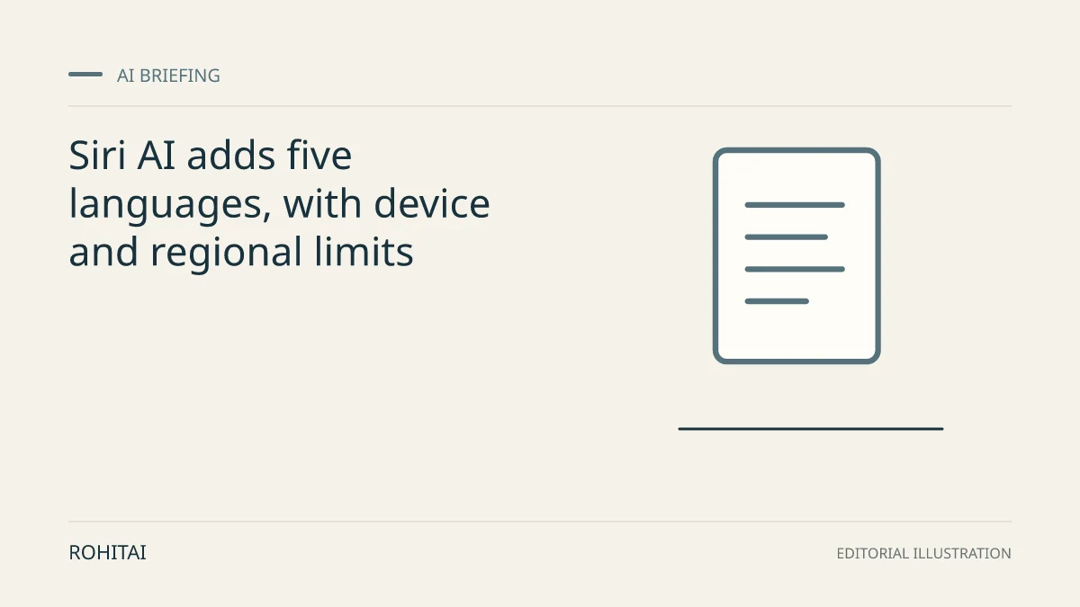 Editorial illustration for Siri AI adds five languages, with device and regional limits: a document represents the research briefing. Not documentary evidence.