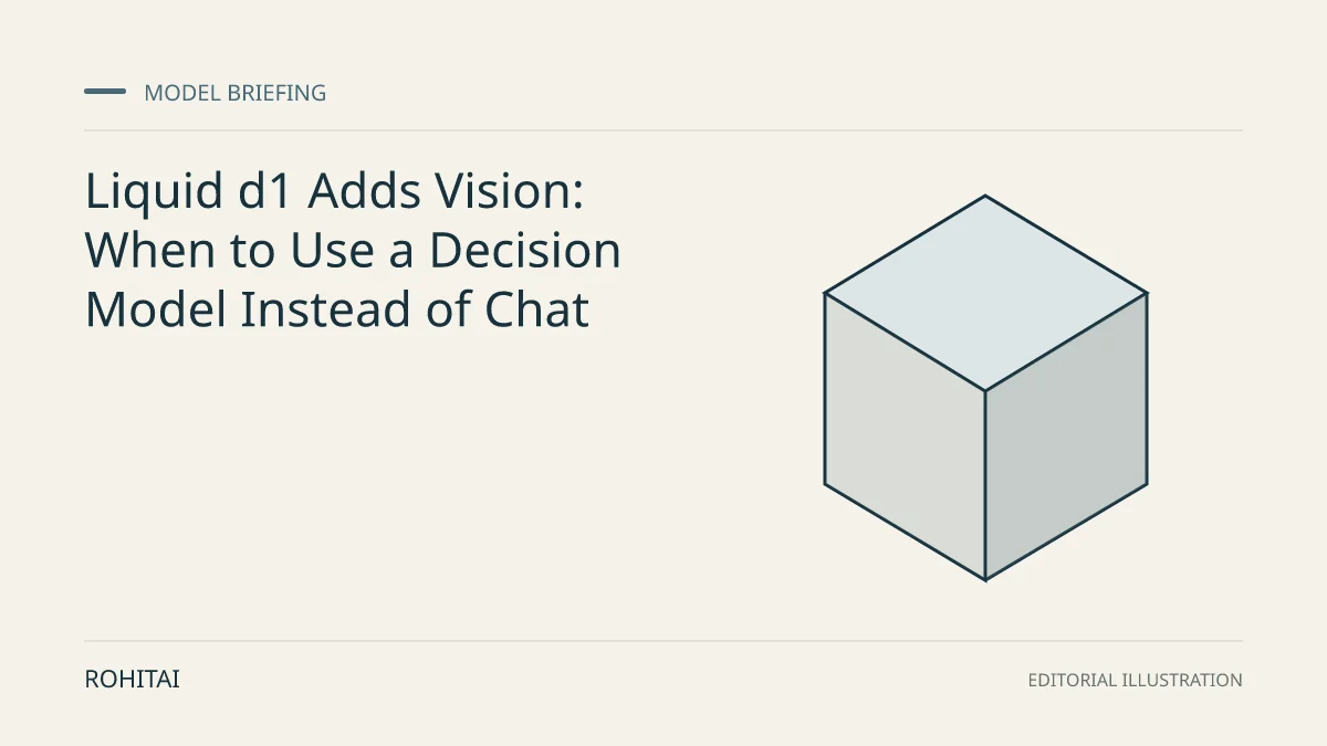 Editorial illustration for Liquid d1 Adds Vision: When to Use a Decision Model Instead of Chat: a geometric block represents a model release. Not documentary evidence.