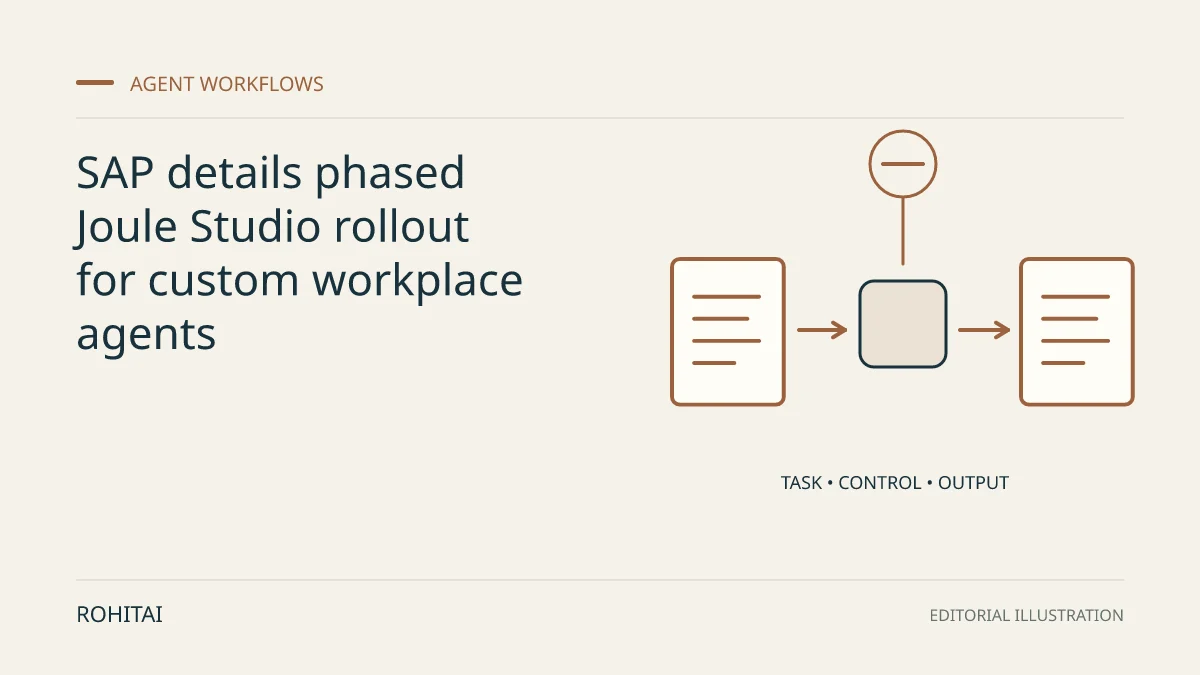 Editorial illustration for SAP details phased Joule Studio rollout for custom workplace agents: a controlled task flows from input to output. Not documentary evidence.