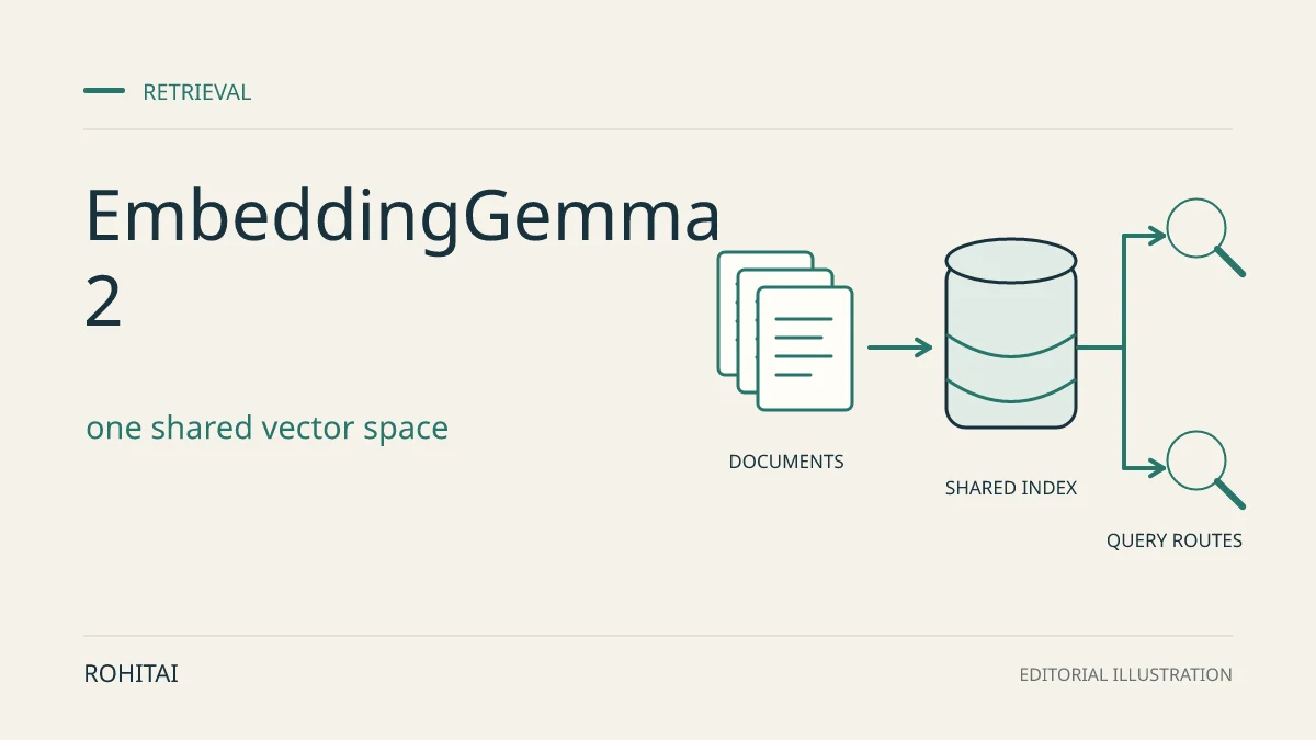 Editorial illustration for EmbeddingGemma 2: A Builder’s Guide to Local Multimodal Search: documents enter a shared index with two query paths. Not documentary evidence.