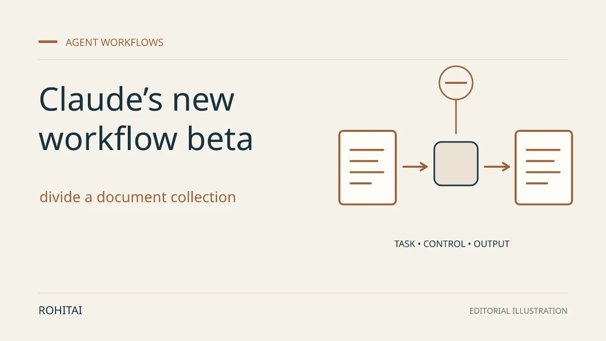 Editorial illustration for When Claude’s new workflow beta makes sense for document review: a controlled task flows from input to output. Not documentary evidence.