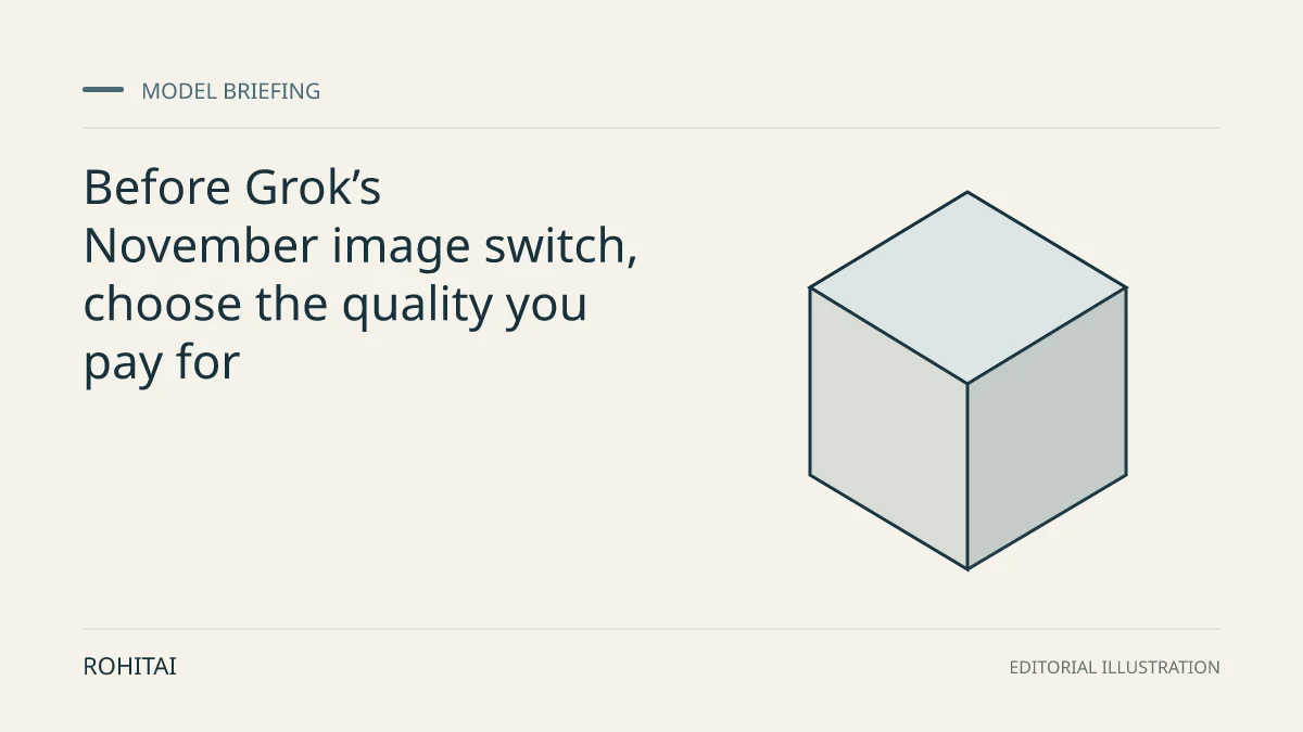 Editorial illustration for Before Grok’s November image switch, choose the quality you pay for: a geometric block represents a model release. Not documentary evidence.