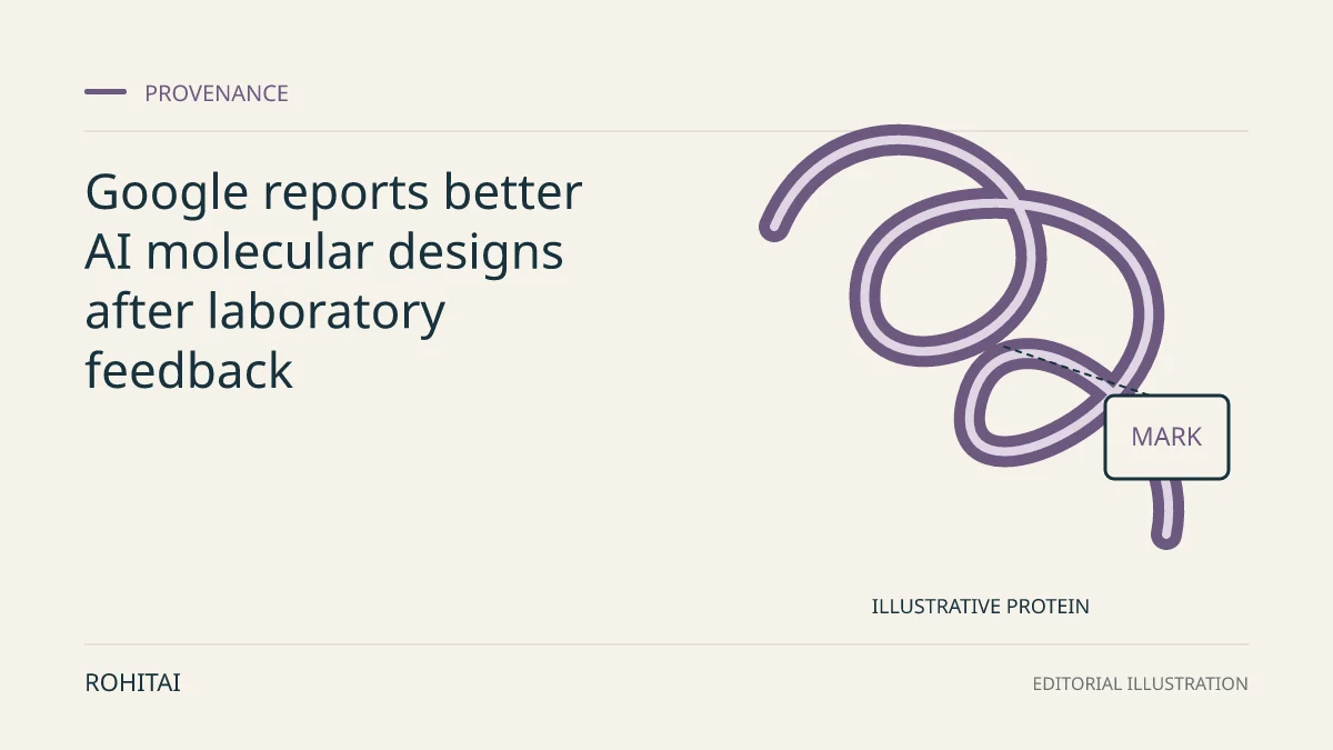 Editorial illustration for Google reports better AI molecular designs after laboratory feedback: an illustrative protein ribbon with a provenance mark. Not documentary evidence.
