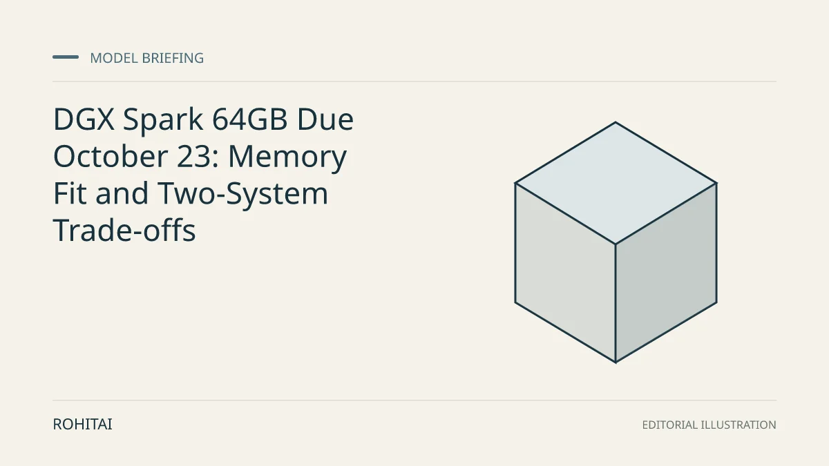 Editorial illustration for DGX Spark 64GB Due October 23: Memory Fit and Two-System Trade-offs: a geometric block represents a model release. Not documentary evidence.