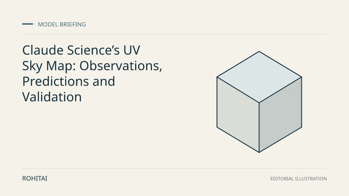 Editorial illustration for Claude Science’s UV Sky Map: Observations, Predictions and Validation: a geometric block represents a model release. Not documentary evidence.